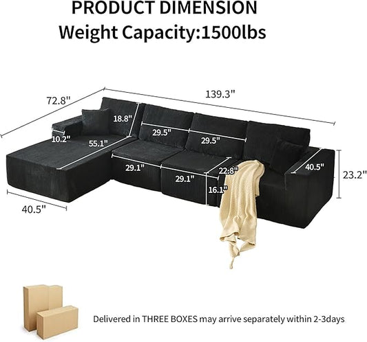 139" Boneless Cloud Sectional Couch for Living Room, Compressed Modular L-Shaped Sofa with Deep Seat, Frameless Corduroy Couch in Boxes, No Assembly Required 4-Seater (Right-Facing Chaise, Black)