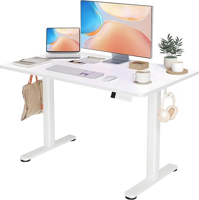 YDN Electric Standing Desk Adjustable Height, 48 x 24 Inches Stand up Desk with Cable Management, Home Office Desks with Splice Board & White Frame, White Top