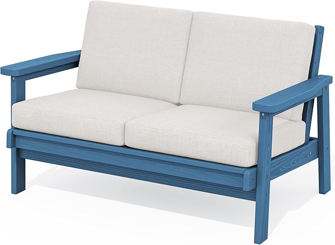 SERWALL HDPE Outdoor Patio Loveseat, Blue Frame and Khaki Cushion