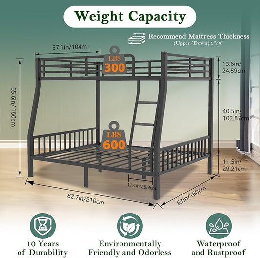 Bunk Bed Full XL Over Queen, Heavy Duty Metal Bunk Bed Frame, Queen bunk Bed with Guardrail Heavy Duty Bunk Bed Frame for Adults - Teens Dorm Bedroom Guest Room(Black)