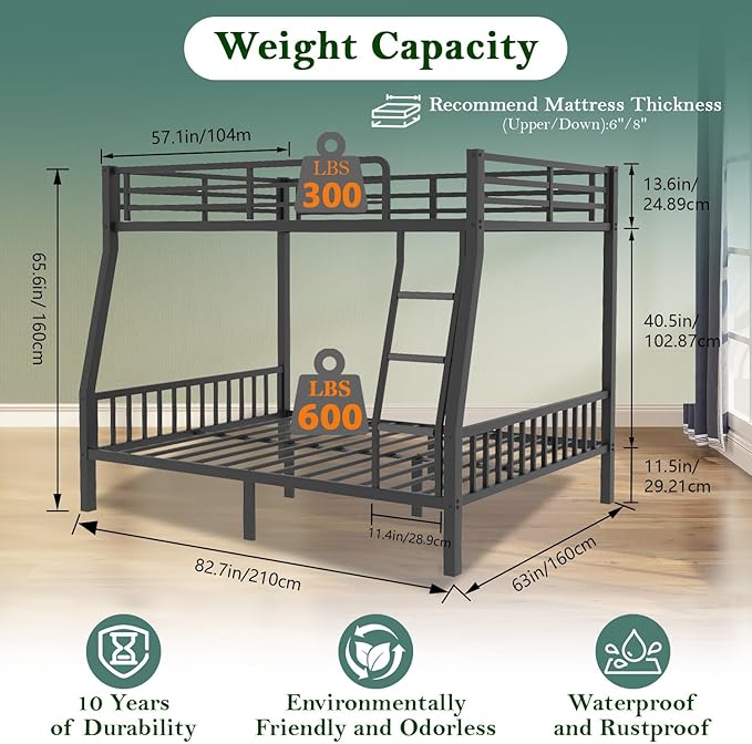 Bunk Bed Full XL Over Queen, Heavy Duty Metal Bunk Bed Frame, Queen bunk Bed with Guardrail Heavy Duty Bunk Bed Frame for Adults - Teens Dorm Bedroom Guest Room(Black)