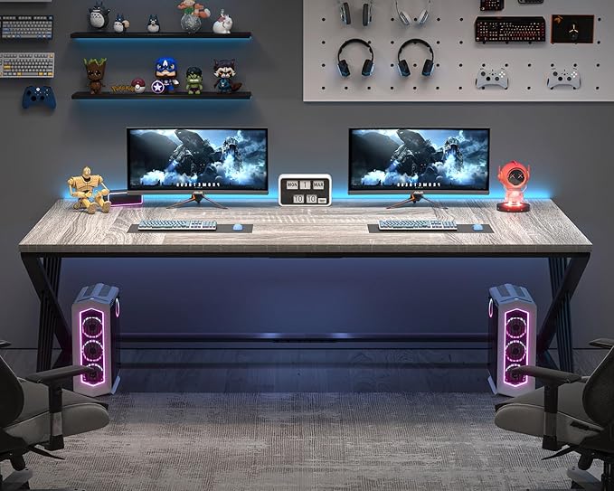 FOLUBAN 70.9" Industrial Computer Desk with Z-Shaped Legs, Modern Home Office Desk for 2 Person, Large Gaming Executive Workstation Study Table for Bedroom Writing, Light Grey