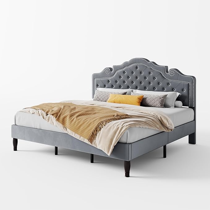 SHA CERLIN King Size Platfrom Bed Frame with Adjustable Headboard/Velvet Upholstered Diamond Button Tufted and Metal Studs/No Box Spring Needed/Easy Assembly/Woodenen Slat Support/Light Grey
