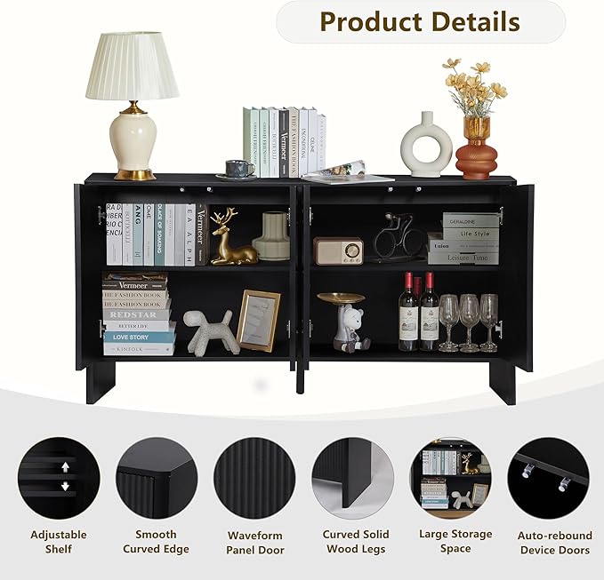 Sideboard Buffets Cabinet, Modern Accent Storage Cabinet with 4 Fluted Doors and Adjustable Shelves, Wood Credenza Buffet Sideboards, Console Table for Kitchen Dining Living Room Entryway (Black)