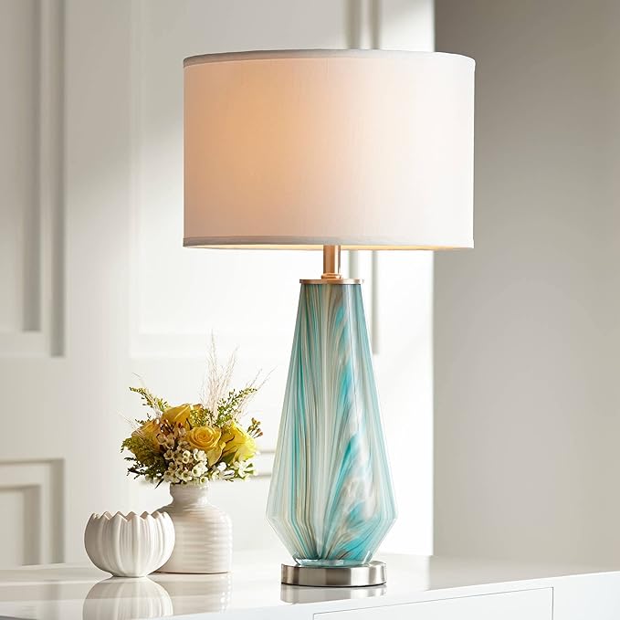 Possini Euro Design Jaime Modern Table Lamps 26" Tall Set of 2 Blue Smoky Gray Swirls Art Glass White Fabric Drum Shade Decor for Bedroom Living Family Room Bedside Nightstand House Home Office