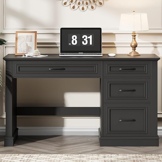 Farmhouse 47" Executive Desk, Computer Desk with Drawers and File Drawer, Workstation Computer Desk with Charging Station for Home Office, Study,Pure Black.