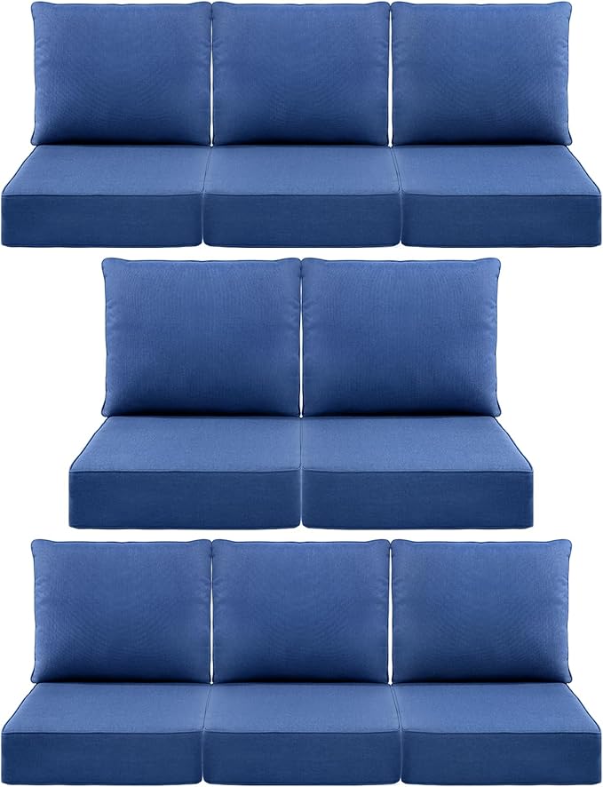 Luxury 6" Outdoor Cushions for Patio Furniture, 24x24x6" Thick Seat Cushion Set of 8, Fade Resistant Couch Chair Replacement Cushions High Density Deep Wicker Chair Cushion w/ Removable Cover, Blue