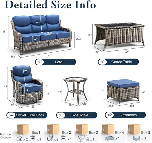 Belord Luxury 6" Thick Cushioned 10 Pieces Patio Furniture Set with Outdoor Couch, Wicker Outdoor Conversation Set with High Back Swivel Rocker Chairs for Deck Porch Yard and Poolside - Grey+Blue