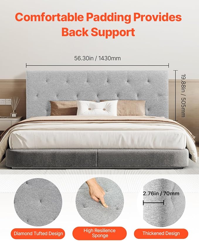 VEVOR Headboard, Full Size Headboard with Adjustable Height, Comfortable Diamond Tufted for Full Size Bed, W 56.3 x H(35.6-47.4) inches, Ideal for Bedroom, Hotel, Homestay, Dormitory, Light Grey