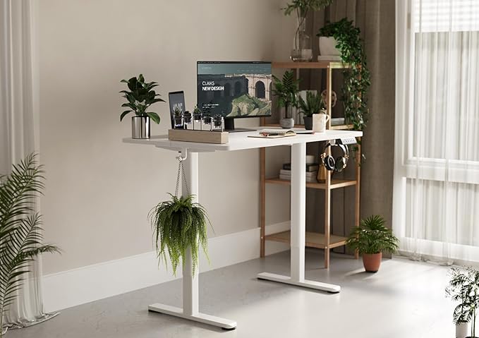 Claiks Electric Height Adjustable Stand Up Desk, 35x20 Inches Sit Stand Desk for Home Office, White Top/White Frame