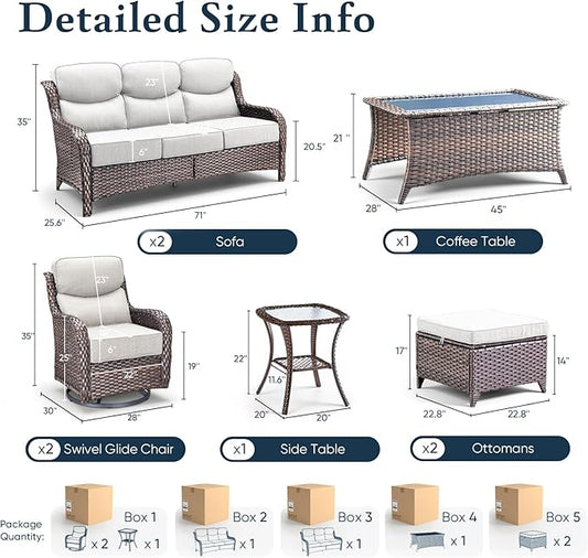 Belord Luxury 6" Thick Cushioned 8 Pieces Patio Furniture Set with Outdoor Couch, Wicker Outdoor Conversation Set with High Back Swivel Rocker Chairs for Deck Porch Yard and Poolside - Brown+Beige