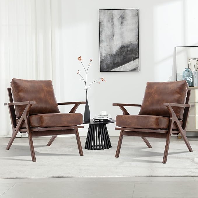 INZOY Mid-Century Modern Accent Chair Set of 2, PU Leather Living Room Chair and Soft Thick Padded Armchair for Living Room Bedroom Reception with Removable Upholstered Cushions, Reddish Brown