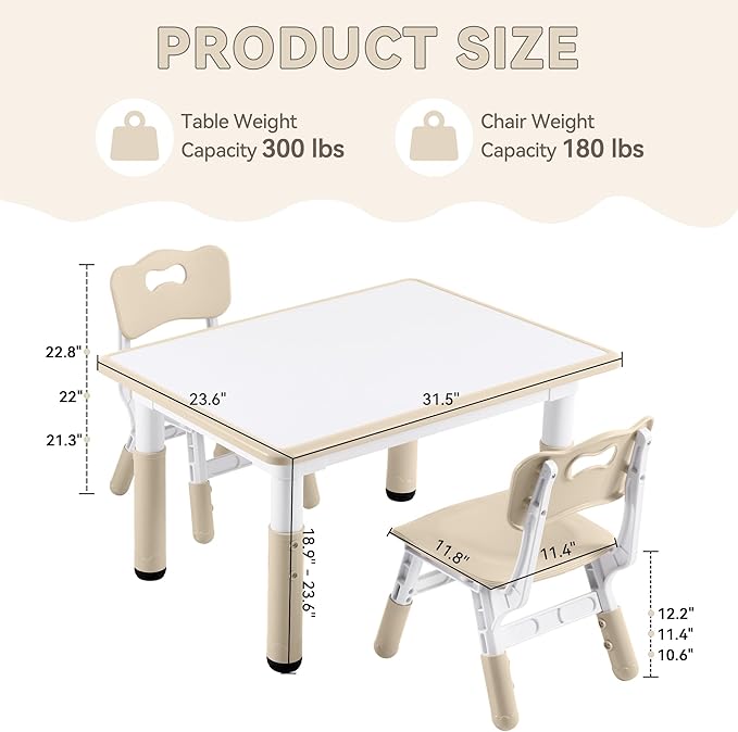 Kids Study Table and Chairs Set, Height Adjustable Toddler Table and Chair Set for Kids Ages 3-8, 31.5" L x 23.6" W Graffiti Desktop Plastic Children Art Table with 2 Seats