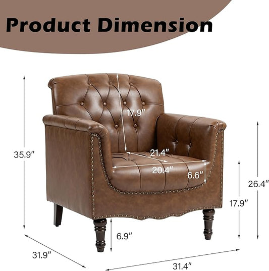 Lumibee Faux Leather Armchair, Contemporary Accent Chair with Nailhead Trims & Wood Legs for Living Room, Upholstered Comfy Arm Chair for Office,Bedroom-Brown