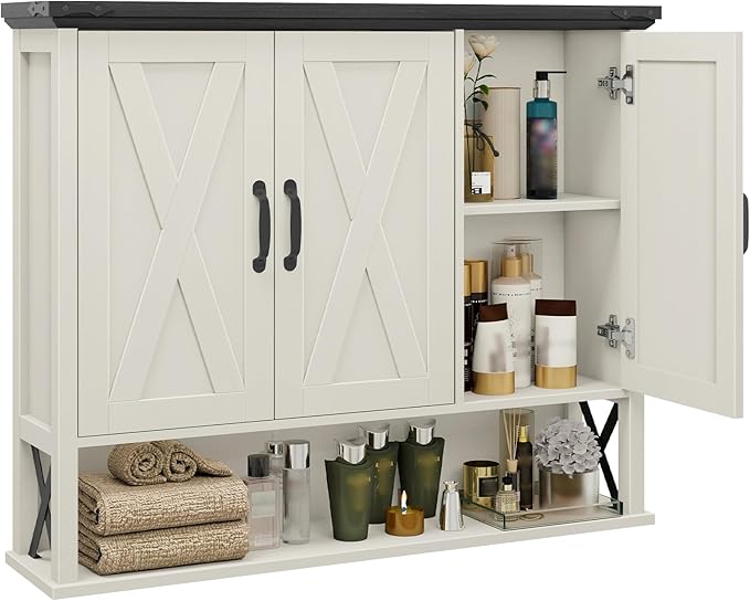 Bathroom Wall Cabinet, Farmhouse Medicine Cabinet with Adjustable Wood Shelf & 3 Doors, Over The Toilet Storage Cabinet for Wall Mounted for Bathroom Laundry Room Kitchen, White and Black