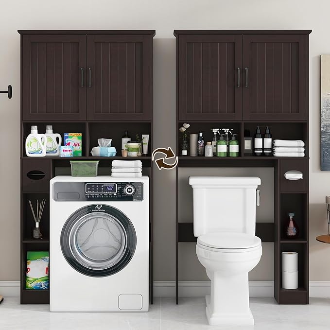 Vabches Over The Toilet Storage Cabinet, Farmhouse Storage Cabinet Over Toilet with Barn Door& Toilet Paper Holder Stand,Home Space-Saving Toilet Rack, for Bathroom, Restroom, Laundry.(Walnut)