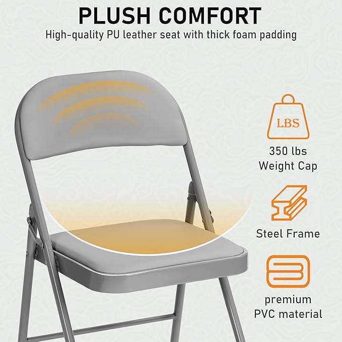 SEALAMB 4 Pack Grey Folding Chairs with Padded Seats & Cushion, Durable Metal Foldable Chairs for Wedding Party, Commercial Chairs for Office School Church Events, 330lb Capacity (Grey-PU, 4 Pack)