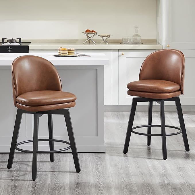 Counter Height Barstools 26 inch Upholstered Swivel Bar Stools with Back and Wood Legs for Kitchen Island,Set of 2,Brown PU Leather-Armless
