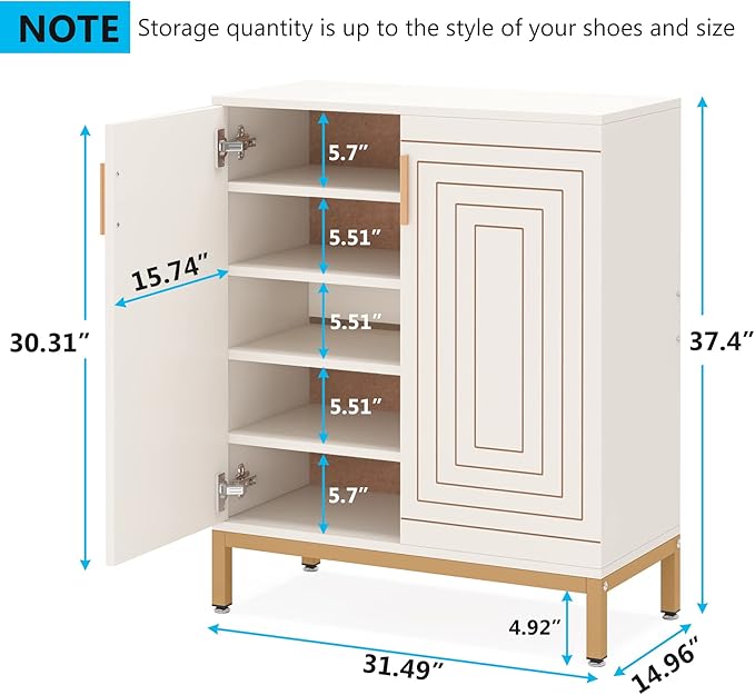 LITTLE TREE Shoe Cabinet with Doors, 20 Pairs Entryway Shoe Storage Cabinet Modern Storage Organizer for Closet, Living Room, Bedroom (White/Gold)