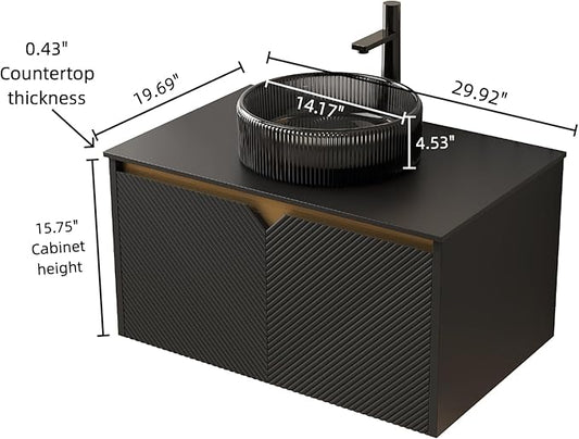 30 Inch Bathroom Vanity with Sink, Floating Fluted Vanity with Vessel Sink, Modern Bathroom Vanity Cabinet with 2 Doors with Metal Trim, Round Glass Sink & Sintered Stone Top, Black