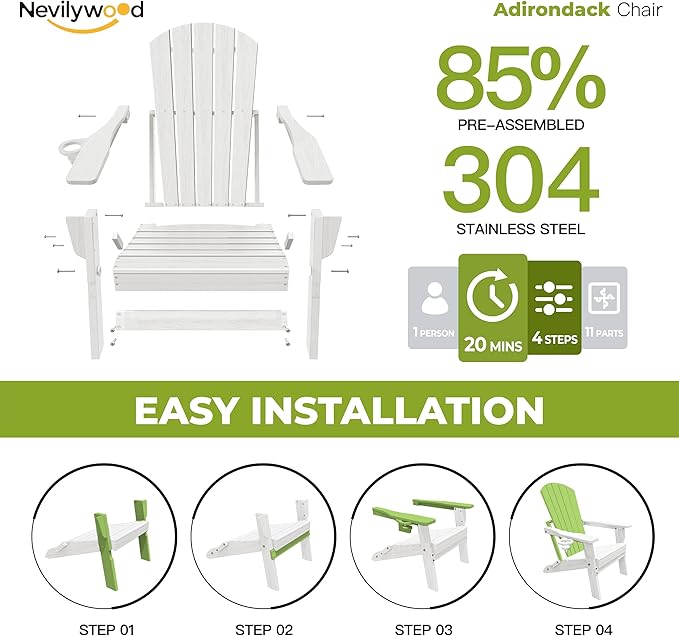 nevilywood Folding Adirondack Chair, Ergonomic Extended Backrest, HDPE All-Weather, 380lbs Capacity, Maintenance-Free, Cup Holder, (White)- Outdoor Patio & Firepit Chair