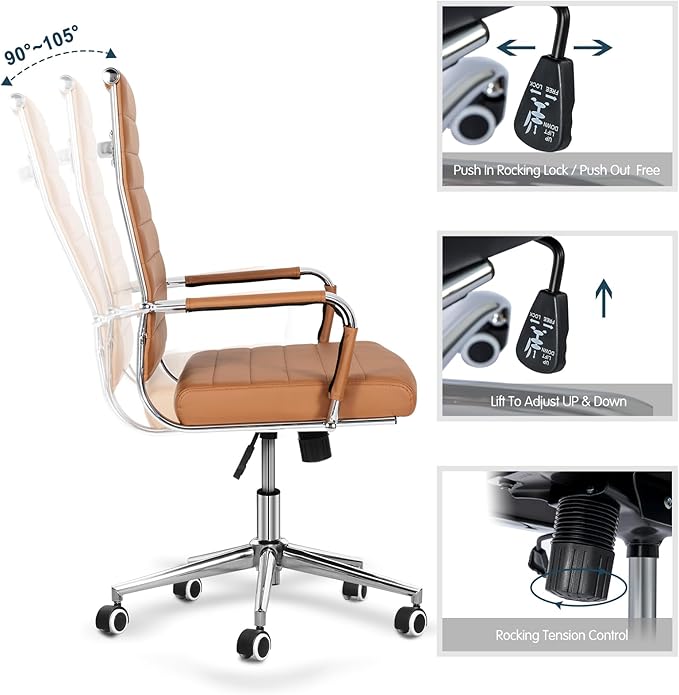Home Office Chair Ribbed, Modern Leather Conference Waiting Room Chairs,Ergonomic Office Desk Chair, High Back Executive Computer Chair, Adjustable Swivel Chair with Arms (Brown)