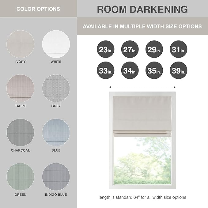 Madison Park Galen Cordless Roman Shade, 27"W x 64"H, Sheen Ivory – Room Darkening, Thermal Insulated, Energy Efficient Window Blind with Subtle Sheen Basketweave Fabric for Privacy