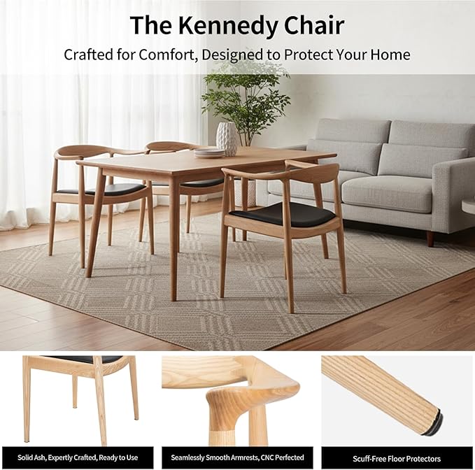 Tomile Upholstered Dining Chair Kennedy Armchair, Mid Century Modern Kitchen & Dining Chairs with PU Leather Cushion Seat, Hans Wegner Elbow Chair for Living Room Bedroom Office (Natural Wood Color)