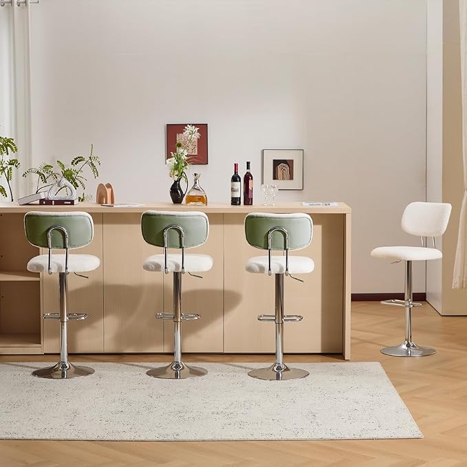 Furniliving Adjustable Bar Stools Set of 4, Modern Teddy Velvet Swivel Barstools with Curved Back, Stylish Armless Counter Height Bar Stools Bar Chairs for Kitchen Island, Bar, Green