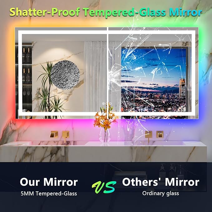 72x36 Inch RGB LED Bathroom Mirror Front Light and RGB Backlit Lighted Vanity Mirror for Bathroom Wall Mounted Dimmable Anti Fog Memory Shatter-Proof IP54 Waterproof Horizontal/Vertical