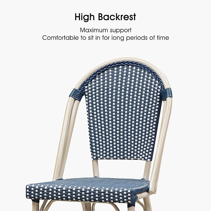 PURPLE LEAF French Bar Stool Set of 2 White Print Finish Patio Bar Stools with Back Rattan Chairs Wicker Bar Height Stool 30" with Footrest Kitchen Island Stools Outdoor Barstool Royal Blue