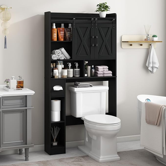 Vabches Over The Toilet Storage Cabinet, Farmhouse Storage Cabinet Over Toilet with Sliding Doors & Toilet Paper Holder Stand,Home Space-Saving Toilet Rack, for Bathroom, Laundry and Restroom.Black
