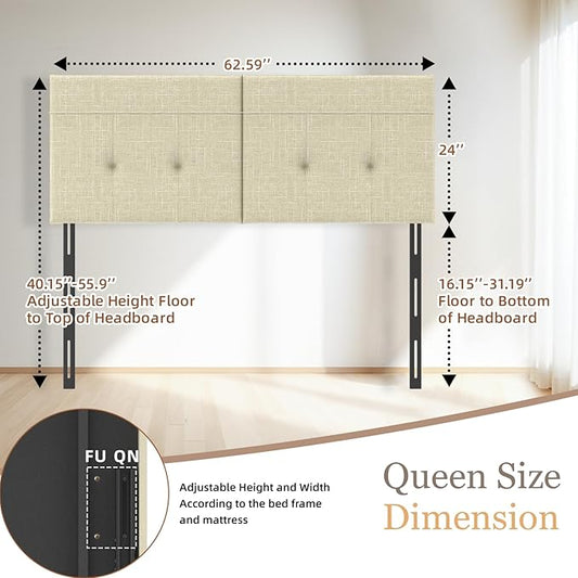 Headboard Queen Size Upholstered Linen, Queen Headboard with Sturdy Metal Legs, Tufted Upholstery Design Headboards with Adjustable Width & Height (Linen)