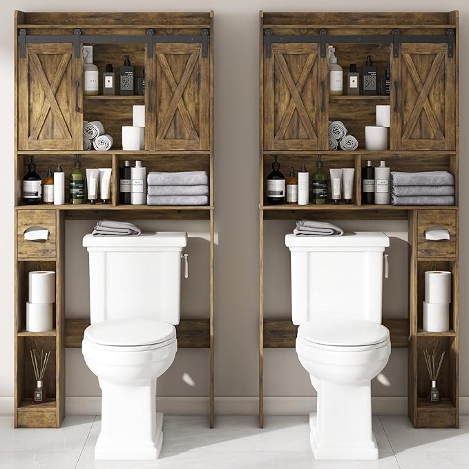 Vabches Over The Toilet Storage Cabinet, Farmhouse Storage Cabinet Over Toilet with Sliding Doors & Toilet Paper Holder Stand,Home Space-Saving Toilet Rack, for Bathroom, Restroom, Laundry