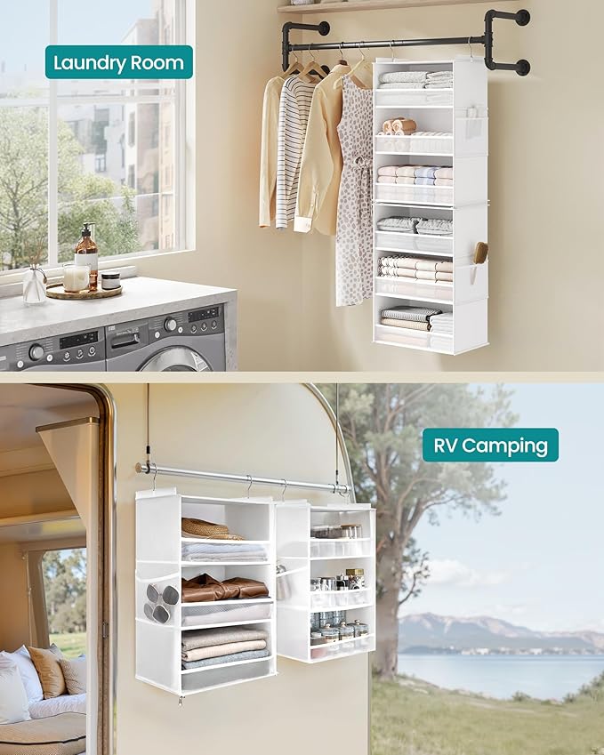 SONGMICS Hanging Closet Organizer, 6-Tier Fabric Storage Shelf, Separable Closet Hanging Shelf with Side Pockets, Foldable, Metal Hooks and Bamboo Inserts, Cloud White URCH007W01