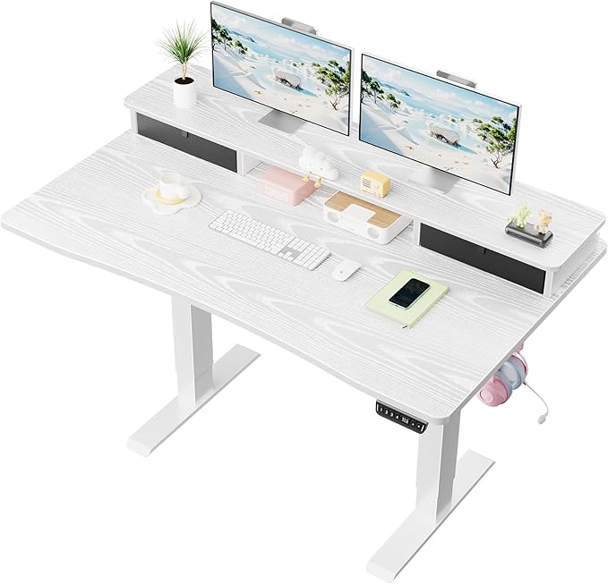 Veken 47.2"×27.6" Home Office Standing Desk with Monitor Riser, Adjustable Computer Desk with Drawers, Ergonomic Desk for Work, Study, Gaming, Crafting, White