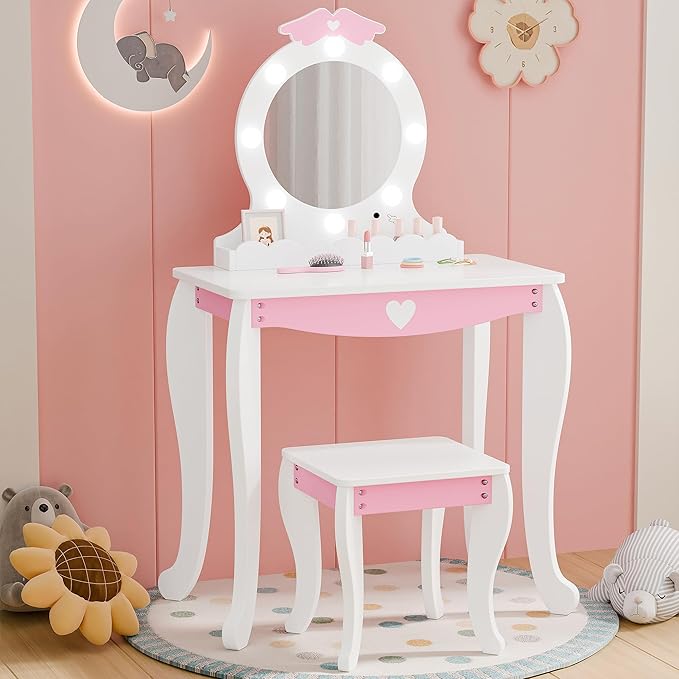 MU Kids Vanity Set with Lighted Mirror and Stool, Kids Make Up Vanity Desk with Storage Space, Wing Pattern for Little Girls, Toddler Princess Makeup Dressing Table with Chair Set, White