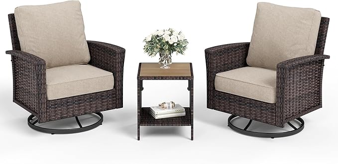 Patio Wicker Swivel Chairs Set of 2, Outdoor High Back Chairs with 5.5" Waterproof Cushions and Side Table, Outdoor Furniture Set for Deck Porch and Yard, Peacock Blue