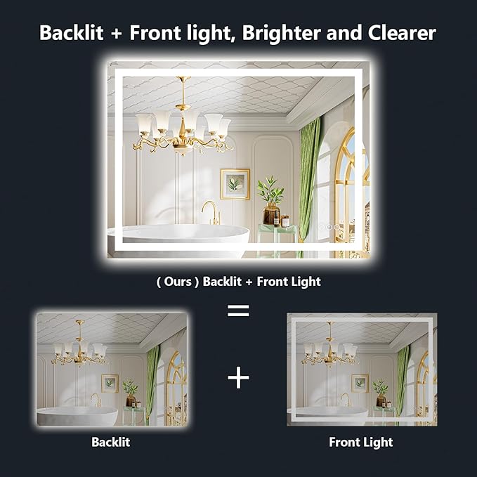 44x30 Inch LED Bathroom Mirror with Lights Front and Backlit Lighted Vanity Mirror for Bathroom Wall with 3 Colors Dimmable Anti-Fog Memory Shatter-Proof IP54 Waterproof Horizontal/Vertical