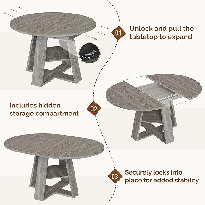 Aivermel 43.3‑59 in Extendable Oval Dining Table for 4‑6, Engineered Wood Round Dining Table with Hidden Extension Storage & Bottom Shelf, Space‑Saving Modern Kitchen Living Room Tables (Vintage Grey)