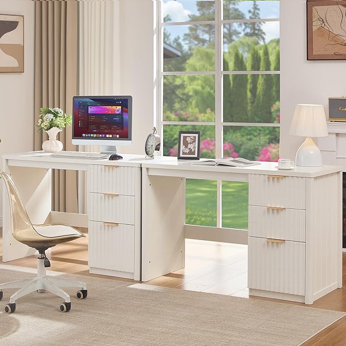 48" Modern Fluted Executive Desk with Storage Cabinet, White Wood Home Office Desk with File Drawer & Metal Handles, Large Computer Writing Table for Office,Study, Living Room, Bedroom