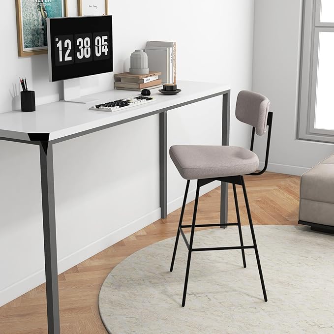 COSTWAY Bar Stools Set of 4, 29” Upholstered Bar Height Chairs with Back, 360° Swivel Bar Chairs with Heavy-Duty Metal Legs and Footrests, Fabric Seat for Kitchen Island, Dining Room, Bar (4, Beige)