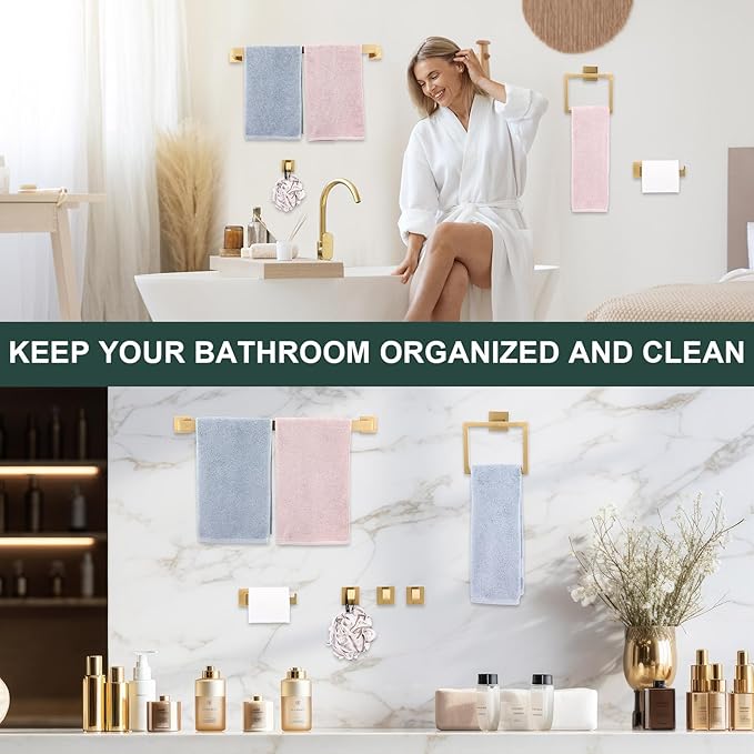 Gisafai 25 Pcs Bathroom Hardware Accessories Set 23.6 Inch Bath Towel Bar Kit Stainless Steel Bathroom Hardware Set Towel Racks Ring Hooks Paper Holder for Wall Mounted (Gold)