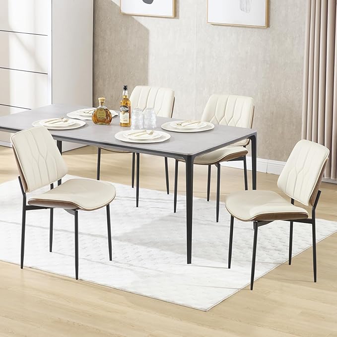 BV Mid Century Modern Dining Chairs Set of 4, Upholstered Pu Leather Armless Accent Chair with Walnut Bentwood Back, Retro Kitchen Chair for Dining Room, Living Room, Kitchen, Beige