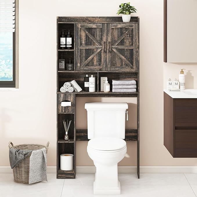 Over The Toilet Storage Cabinet, Farmhouse Storage Cabinet Over Toilet with 2 Barn Doors & Toilet Paper Holder Stand,Home Space-Saving Toilet Rack, for Bathroom, Restroom, Laundry