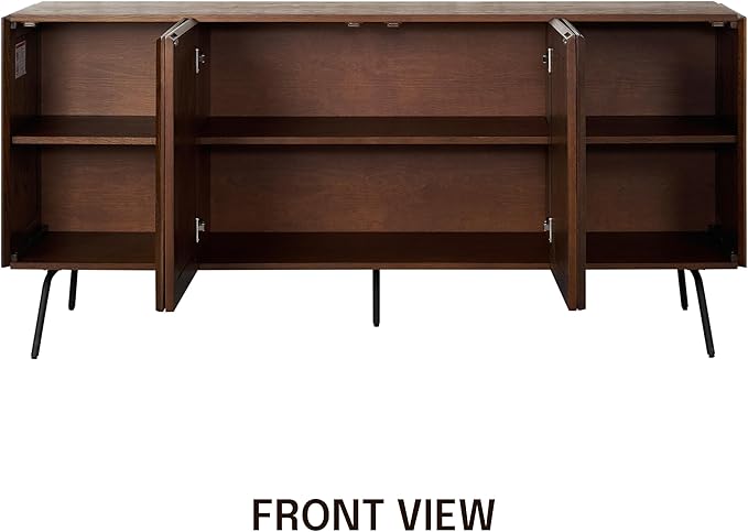 NTC MOSSIC Modern Sideboard with 4 Doors, Natural Rattan Storage Cabinet, Buffet with Metal Legs, Boho Accent Cabinet for Living Room, and Entryway, Effortless Assembly - Dark Walnut