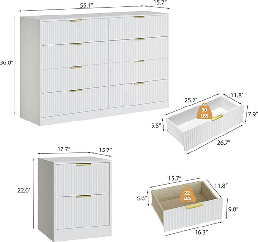 3-Piece Modern Bedroom Furniture Set, Wide 8-Drawer Dresser & 2-Drawer Nightstands Set of 2, Natural Wood Dresser and Nightstand Sets for Bedroom, Hallway, White