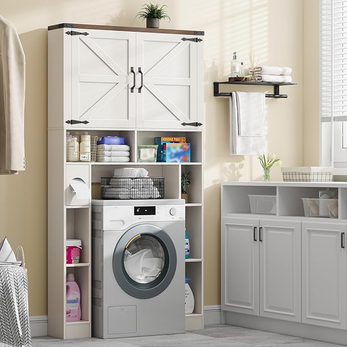 Over The Toilet Storage Cabinet, Farmhouse Storage Cabinet Over Toilet with 2 Barn Doors ,Toilet Paper Holder Stand,Home Space-Saving Toilet Rack, for Laundry, Restroom, Bathroom