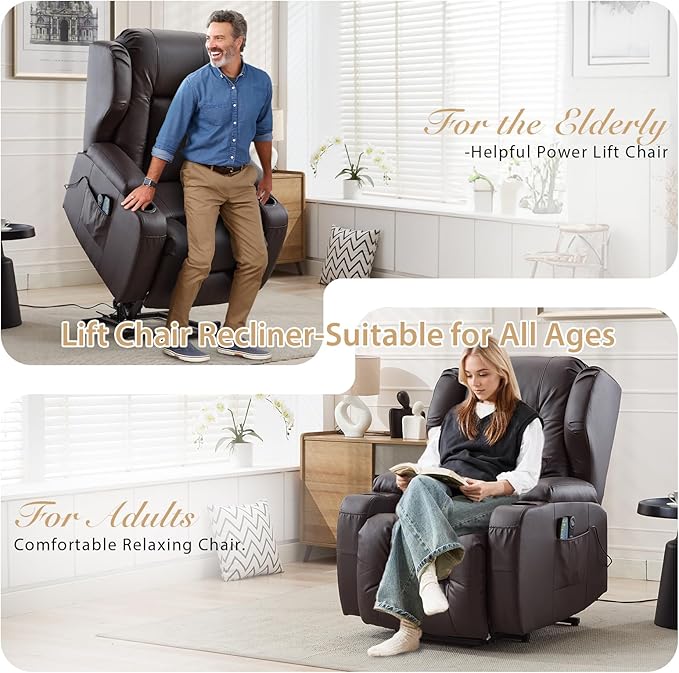 Power Lift Chair Recliner with Heat and Massage,Single Sofa Chair Recliner for Elderly,Electric Recliners Comfortable Lift Chairs for Living Room with Remote/Storage/Cup Holders/USB Port (Brown)