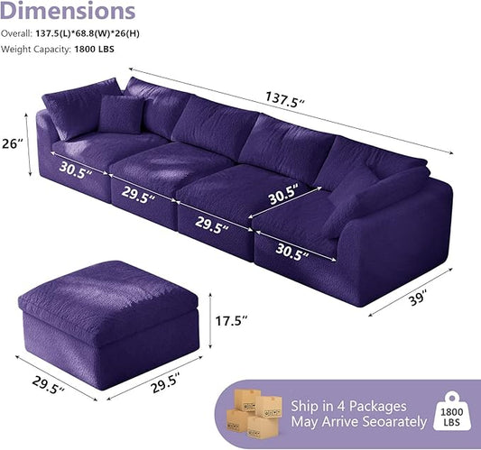 138" Boneless Cloud Couch Modular Sectional Sofa with Deep Seat for Living Room, L Shape Couch with Ottoman, Snowflake Cloth and 40D Memory Sponge,2 Throw Pillows (Purple, 4 Seater+2 Ottoman)